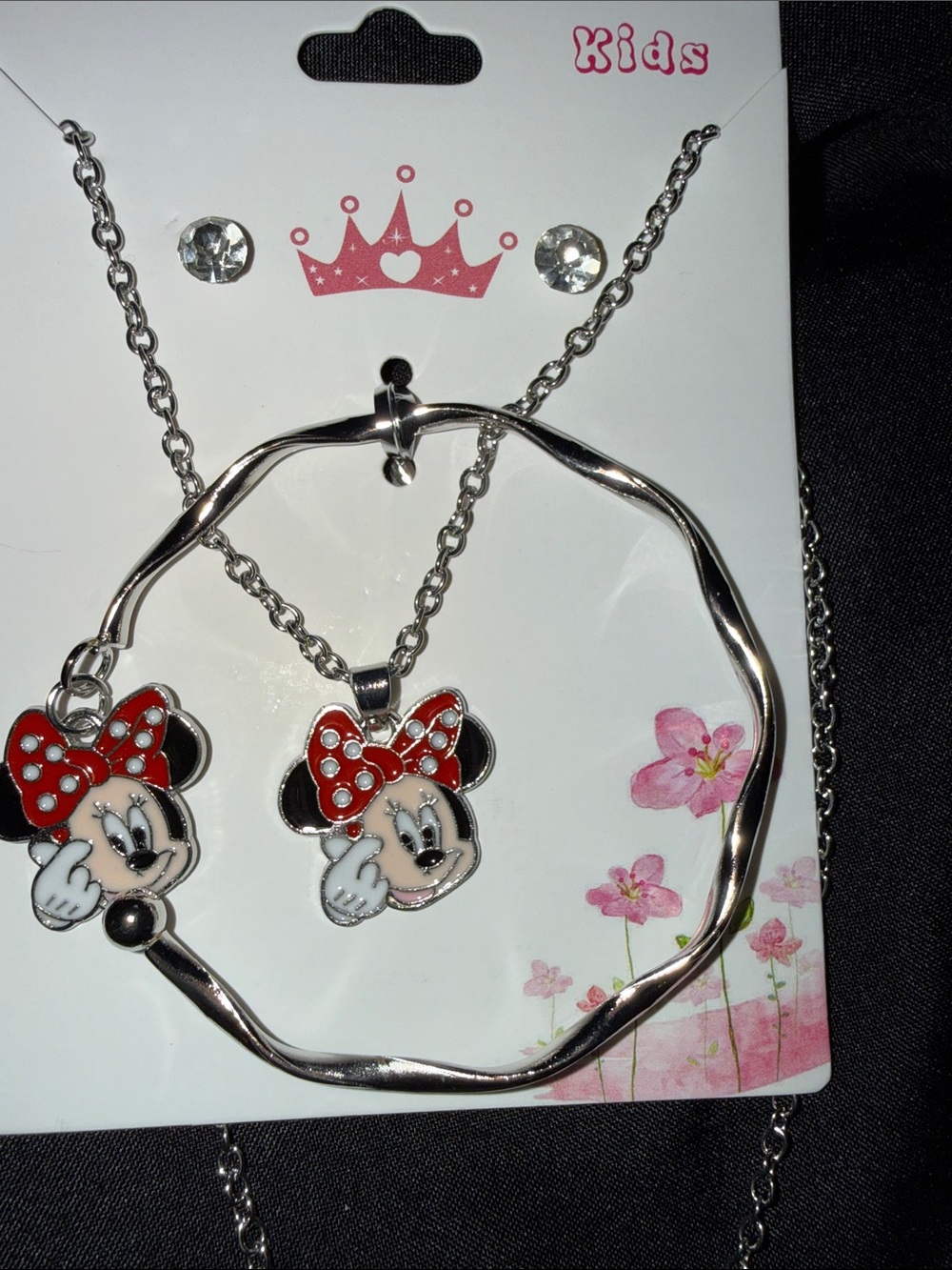 Kids Silver Minnie Mouse Jewelry Set - Red Bow Necklace, earrings & Bracelet